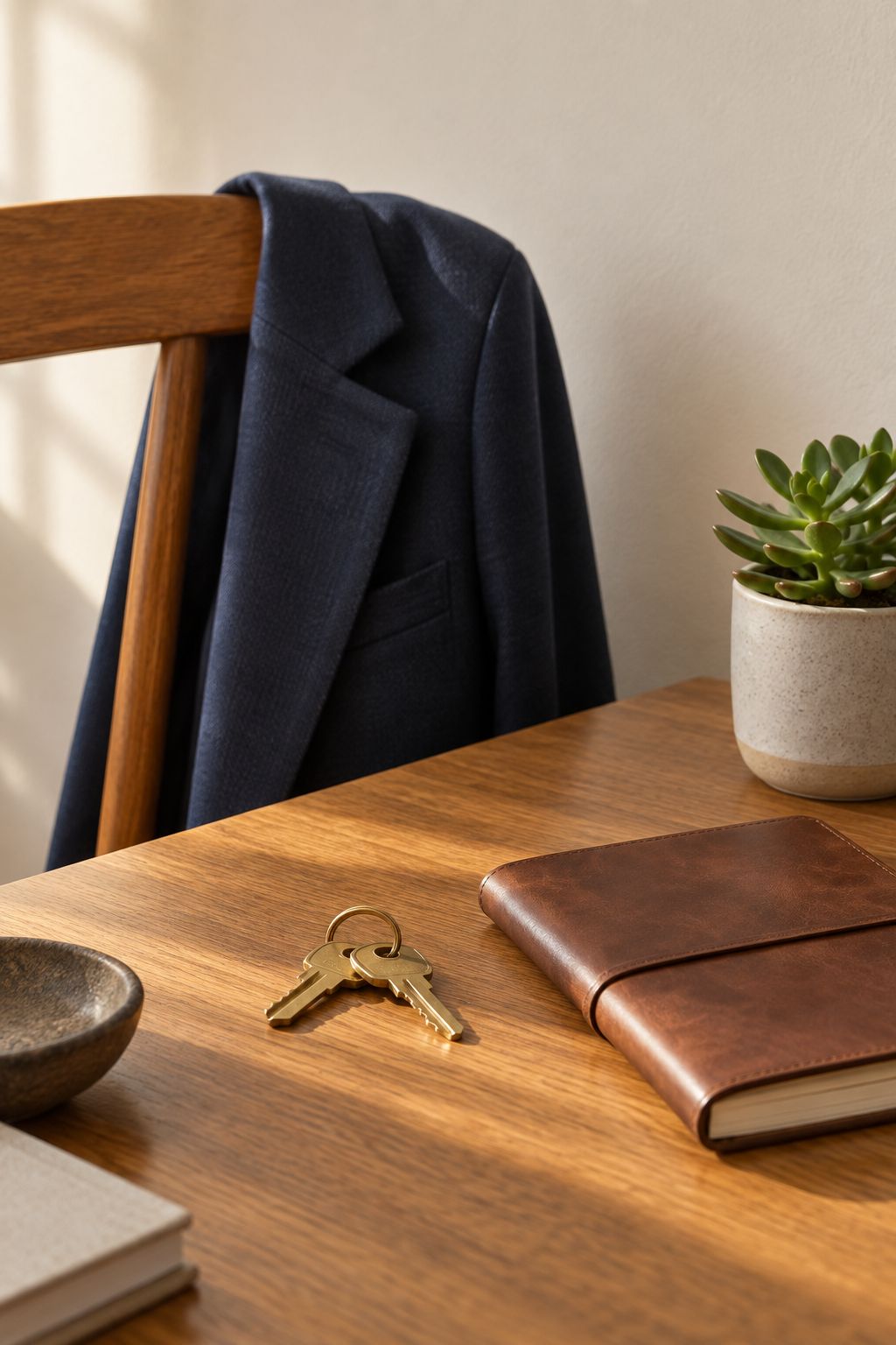 A still life of house keys and a blazer on a desk, illustrative