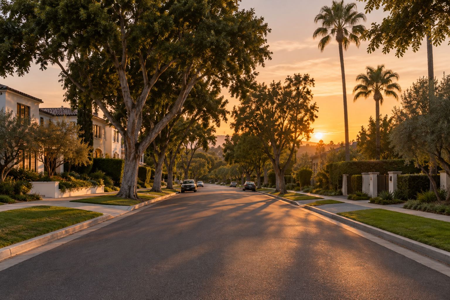 A West Los Angeles residential street at sunset, illustrative