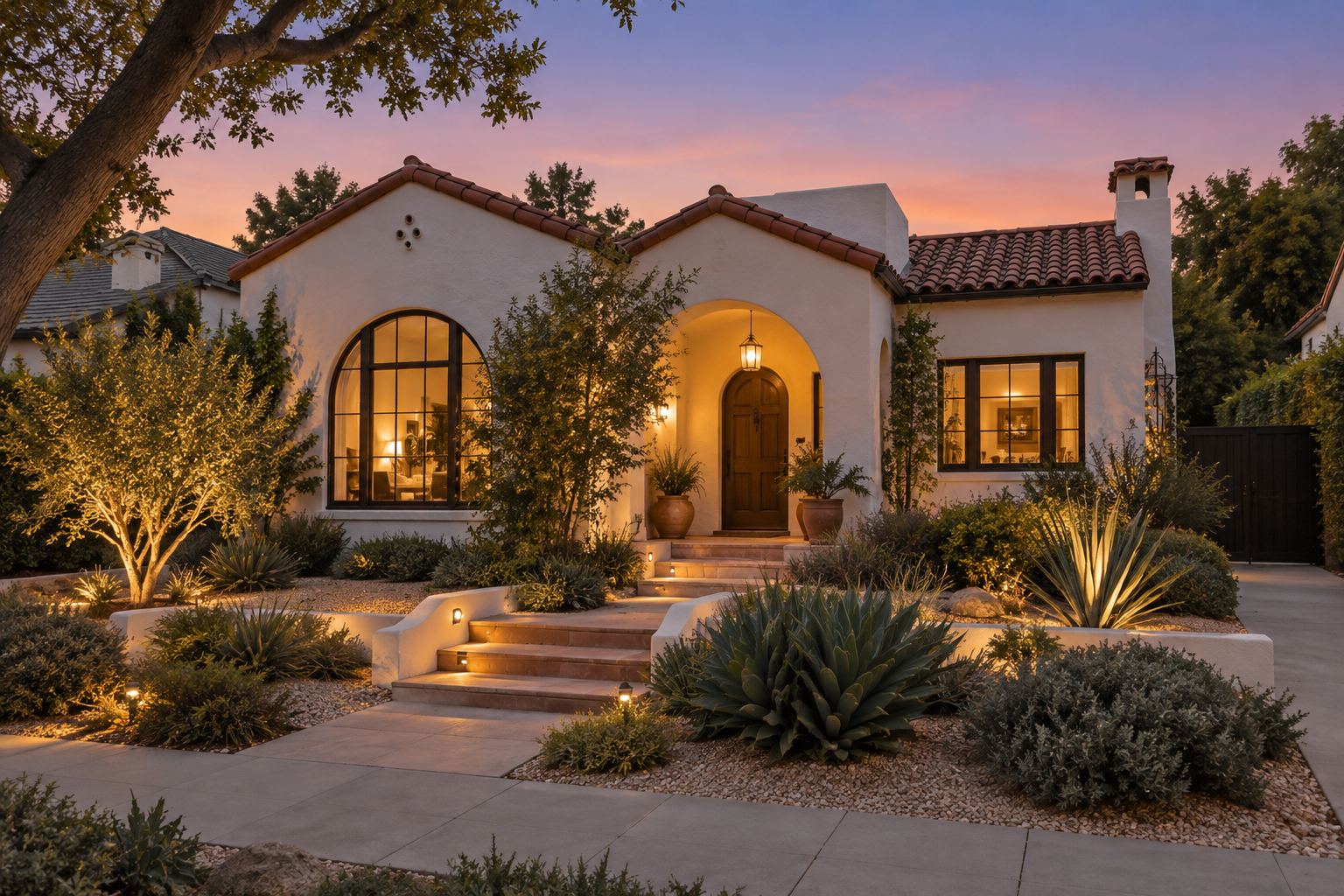 A Spanish revival Los Angeles home at dusk, illustrative
