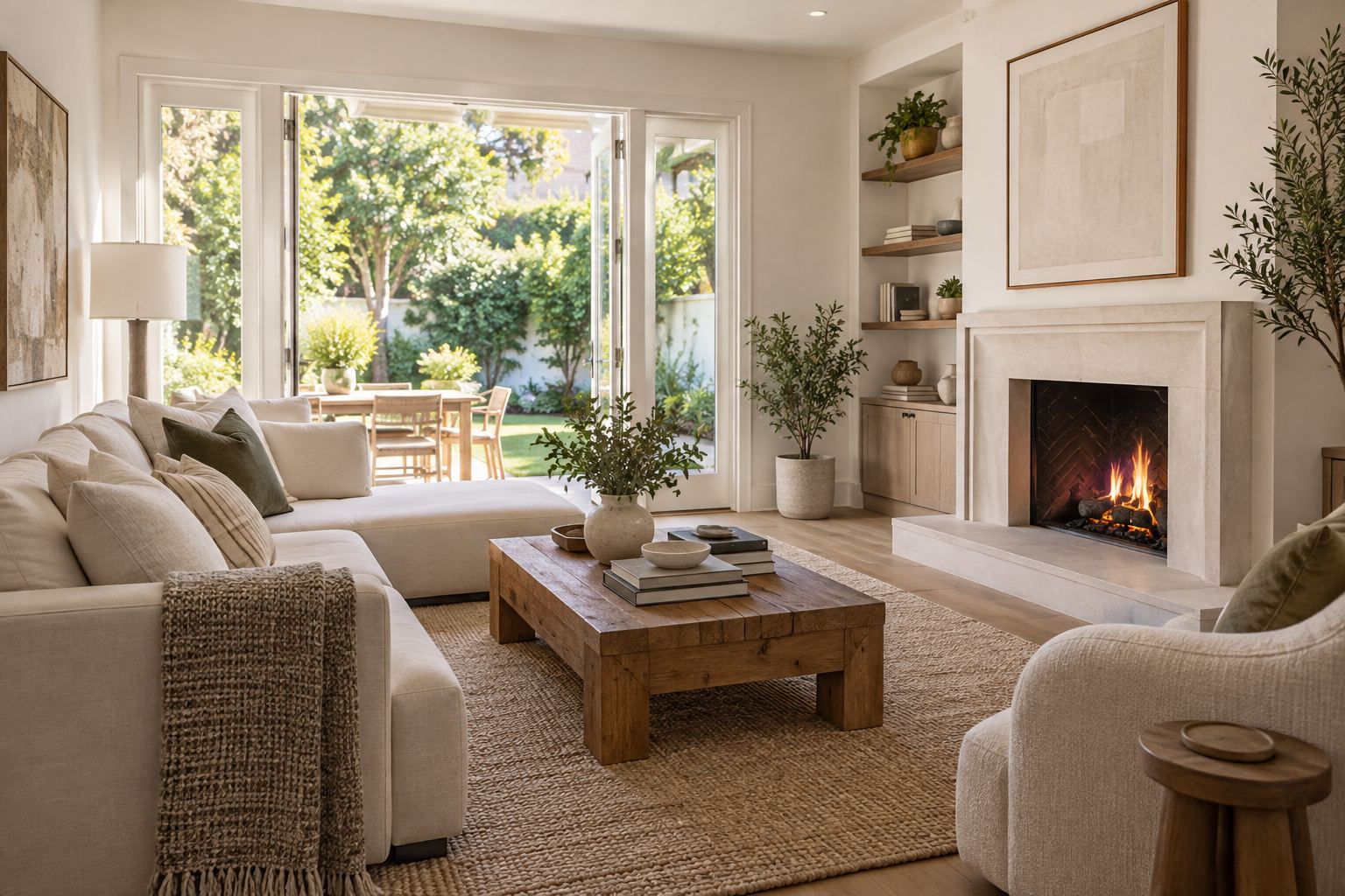 A cozy California living room, illustrative