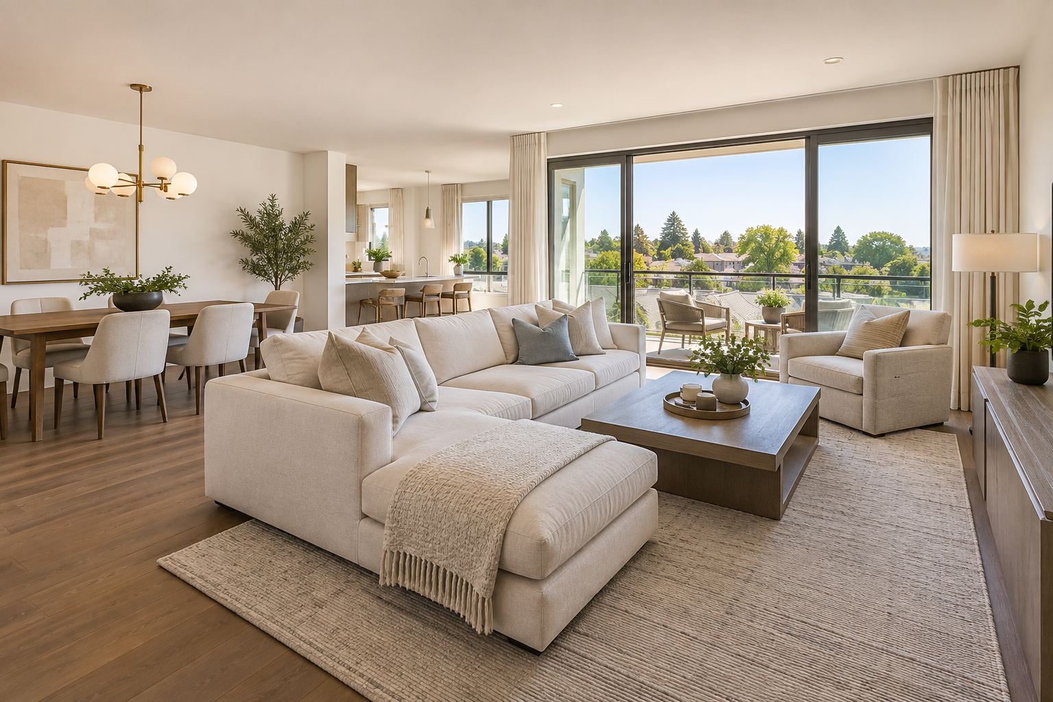 A bright Southern California living room, illustrative